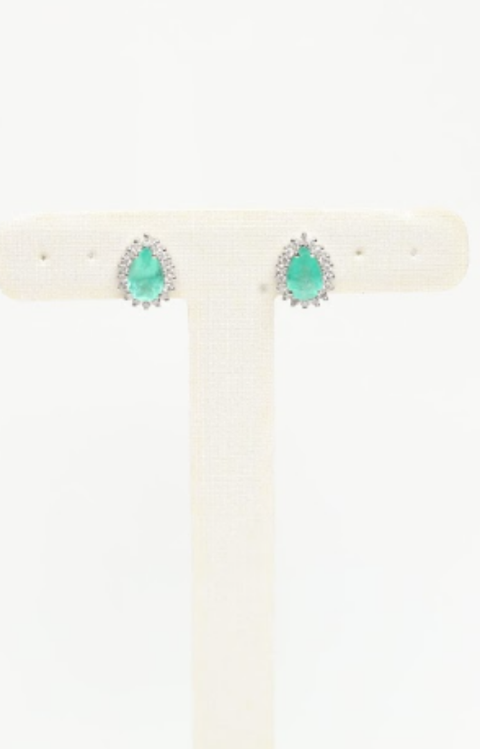 18k White Gold Pear Emerald & Diamond Earrings