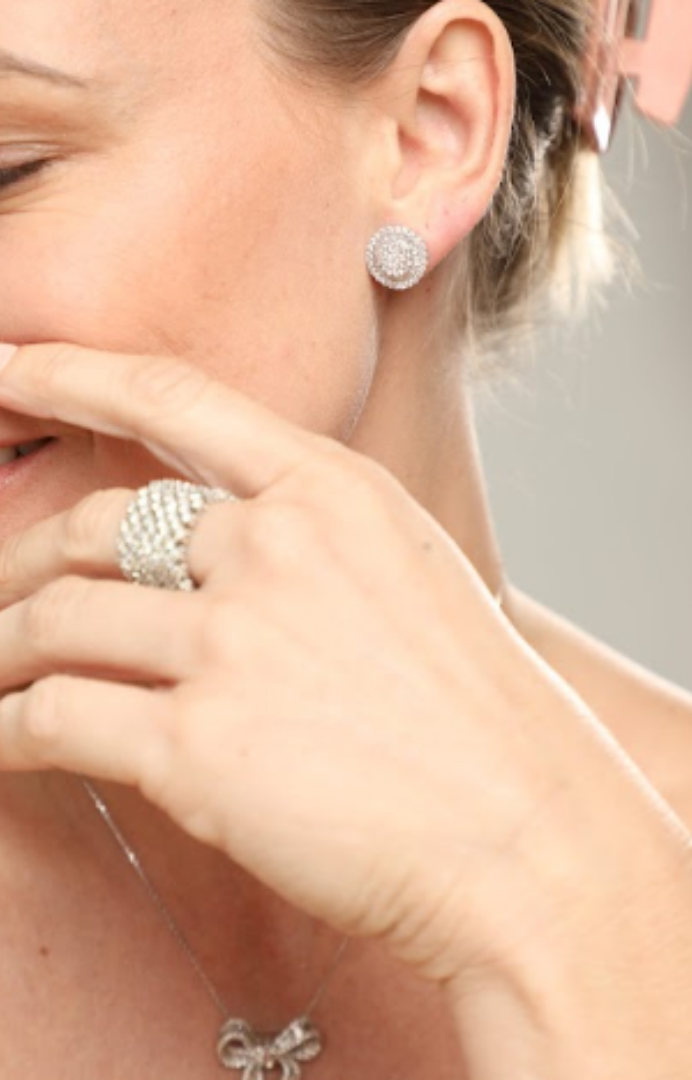 18k White gold cz cluster pizza earrings