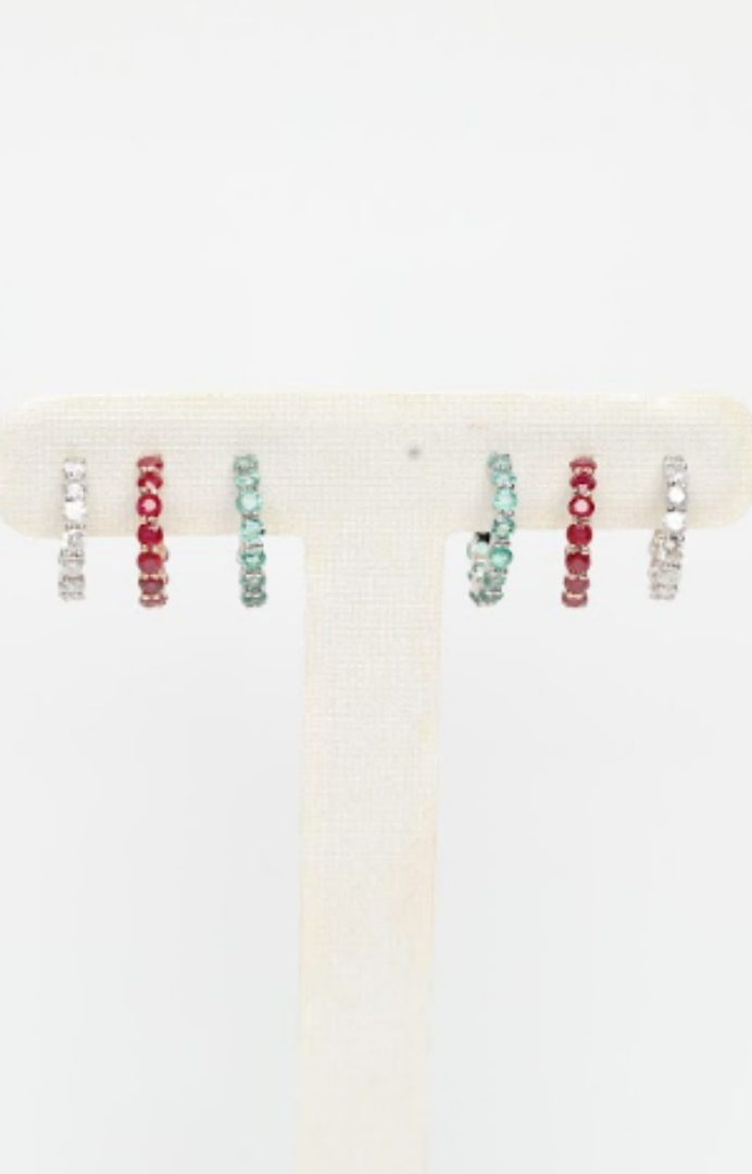 18k Gold Mini Hoop Earrings Set with Emeralds, Rubies & Diamonds