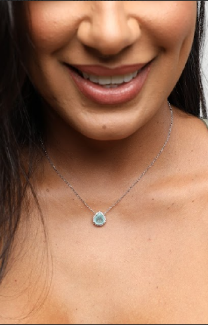 Colar Gota Turmalina Paraíba e Diamantes Ouro Branco 18k