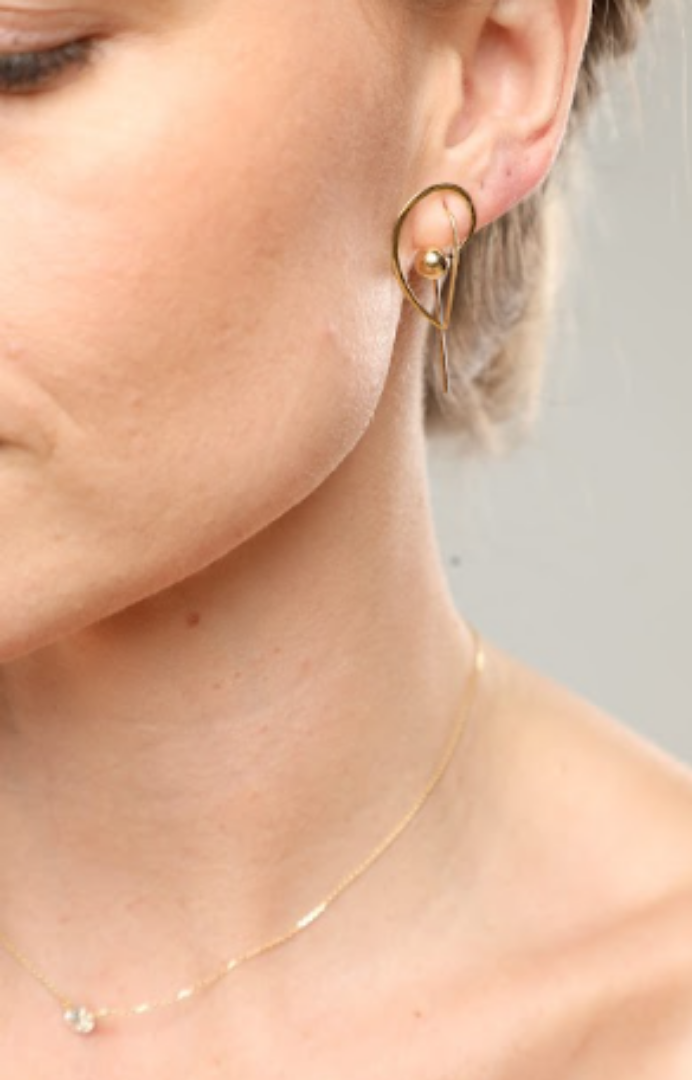 18k Yellow Gold Sculptural Sphere & Wire Drop Earrings